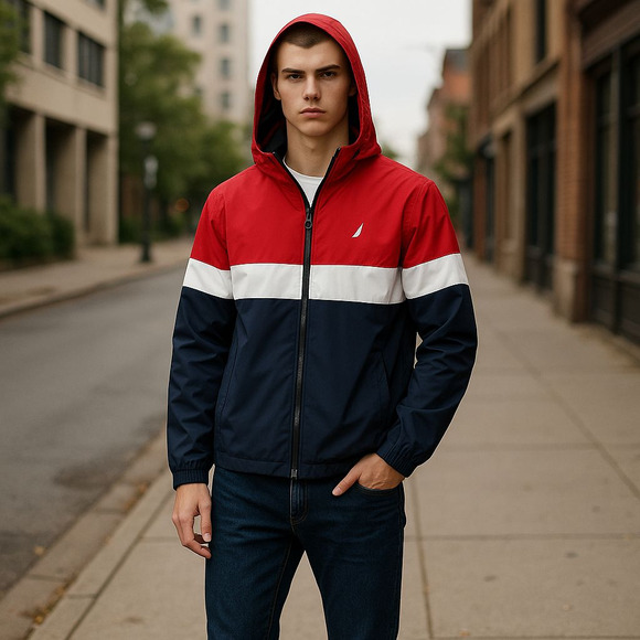 Nautica Color Block Hoodie Water & Wind Resistant Jacket Size Small - Picture 1 of 9